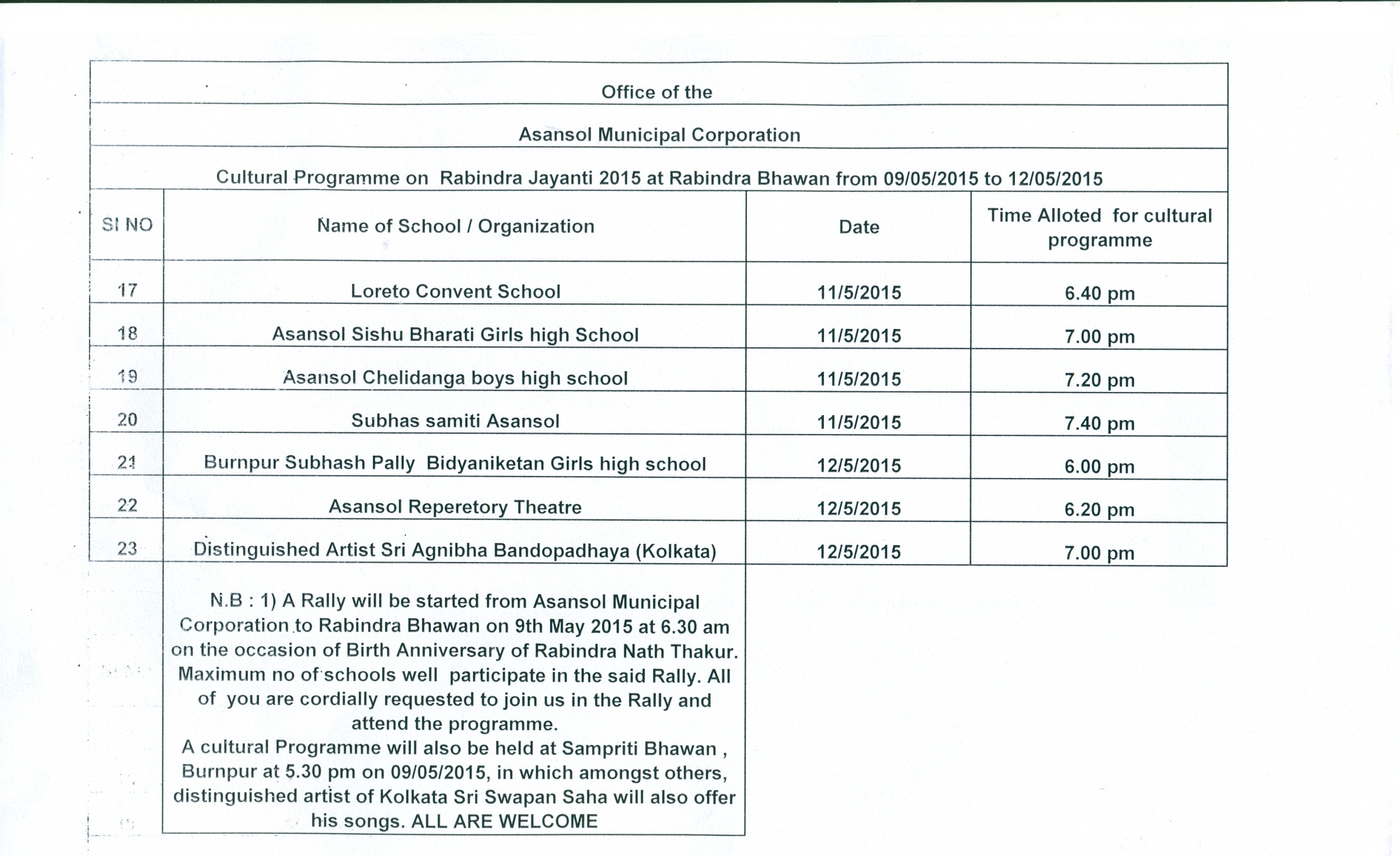 schedule for rabindranath thakur 2